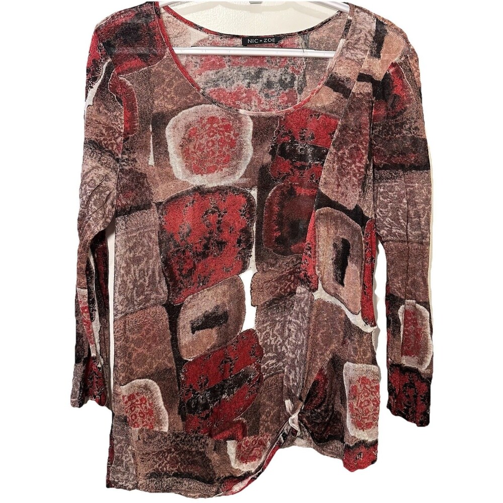 Nic + Zoe Linen Blend Abstract Print Long Sleeve Knit Top Womens Size Large